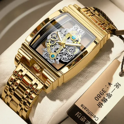 Transparent squre Skeleton Fancy Sexy style Steel Chain  Water Resist Trending Skeleton wristWatch for men
