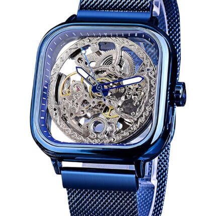 Blue Square Skeleton Automatic Mechanical Mesh Stylish Transparent Dial Watch