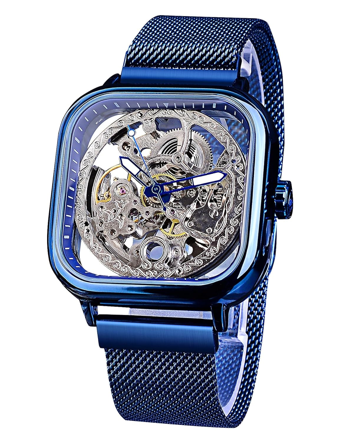 Blue Square Skeleton Automatic Mechanical Mesh Stylish Transparent Dial Watch Blue Square Skeleton Automatic Mechanical Mesh Stylish Transparent Dial Watch