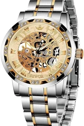 judge Unisex Self-Winding Automatic Mechanical Gold Analog Watch - For Men & Women Business Self Winding Gold Wrist Skeleton Moon Tourbillon Mechanical