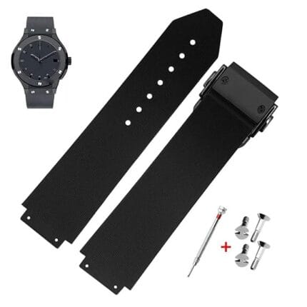 Hublot Big Bang & King Power 25mm Black Silicon Watch Strap Kit - Compatible Models, Black Steel Lock Included, Tool Box with Screw Driver Product Details: - Compatible Brands: Hublot - Compatible Models: Big Bang, King Power - Strap Size: 25mm - Strap Material: Silicon - Strap Color: Black - Closure Type: Steel Push button lock - Water Resistance: Yes, up to 3 ATM Product Features: - Premium quality strap compatible with Hublot Big Bang & King Power watches - Durable leather/stainless steel material for long-lasting use - Elegant Brown color to match your stylish watch - Push button lock closure for secure fit - Water-resistant up to 3 ATM for daily wear - High-quality products at affordable prices - Fast shipping and secure packaging - 7-day money-back guarantee - Excellent customer service click Premium Hublot 25mm Black Silicon Strap - Compatible Big Bang & King Power Models. Durable material, Black Steel push button lock, water-resistant up to 3 ATM. "Hublot 25mm Black Silicon Strap - Compatible Big Bang/King Power. Durable & Water-resistant