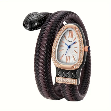 Judge Snake Design Women's Gemstone Accented PU Leather Watch (Black)