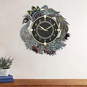Wall Clock Peacock Handpainted for Home Wall Decor Stylish Round Shape Handmade Clocks Vintage Wall Clock - (13 X 13 Inch, Black) Analog