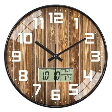 12-inch Digital Wall Clock with Day Week Temperature, Silent Quartz Movement Retro Design Ideal for Home, Office, Bedroom and Living Room Décor (Rosewood Digital)