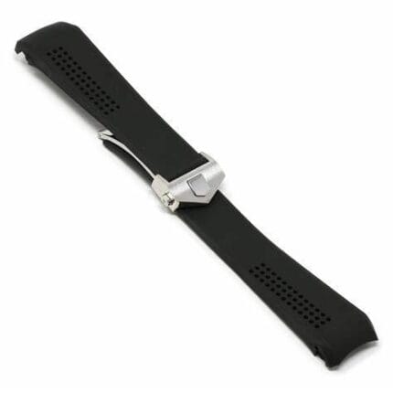 Compatible Perforated Black Rubber Strap with Deployment Clasp - Curved End Racing Band for TAG Heuer Carrera