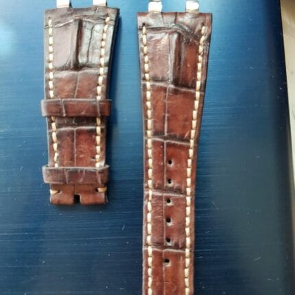 JUDGE Brown Crocodile-Grain Leather Strap with White Contrast Stitching – Compatible with Audemars Piguet Royal Oak
