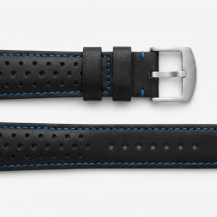 Compatible Citizen Eco Drive Black Leather With Blue Nylon 22mm Watch Strap