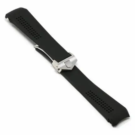 Black perforated rubber watch strap with curved ends and silver deployment buckle