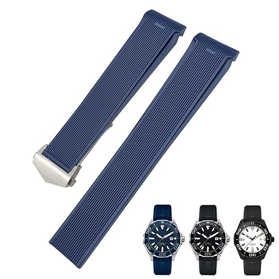 20mm Navy Blue Ribbed Rubber Strap Compatible with TAG Heuer Aquaracer - Curved End Sport Band with Deployment Clasp 20mm Navy Blue Ribbed Rubber Strap Compatible with TAG Heuer Aquaracer - Curved End Sport Band with Deployment Clasp